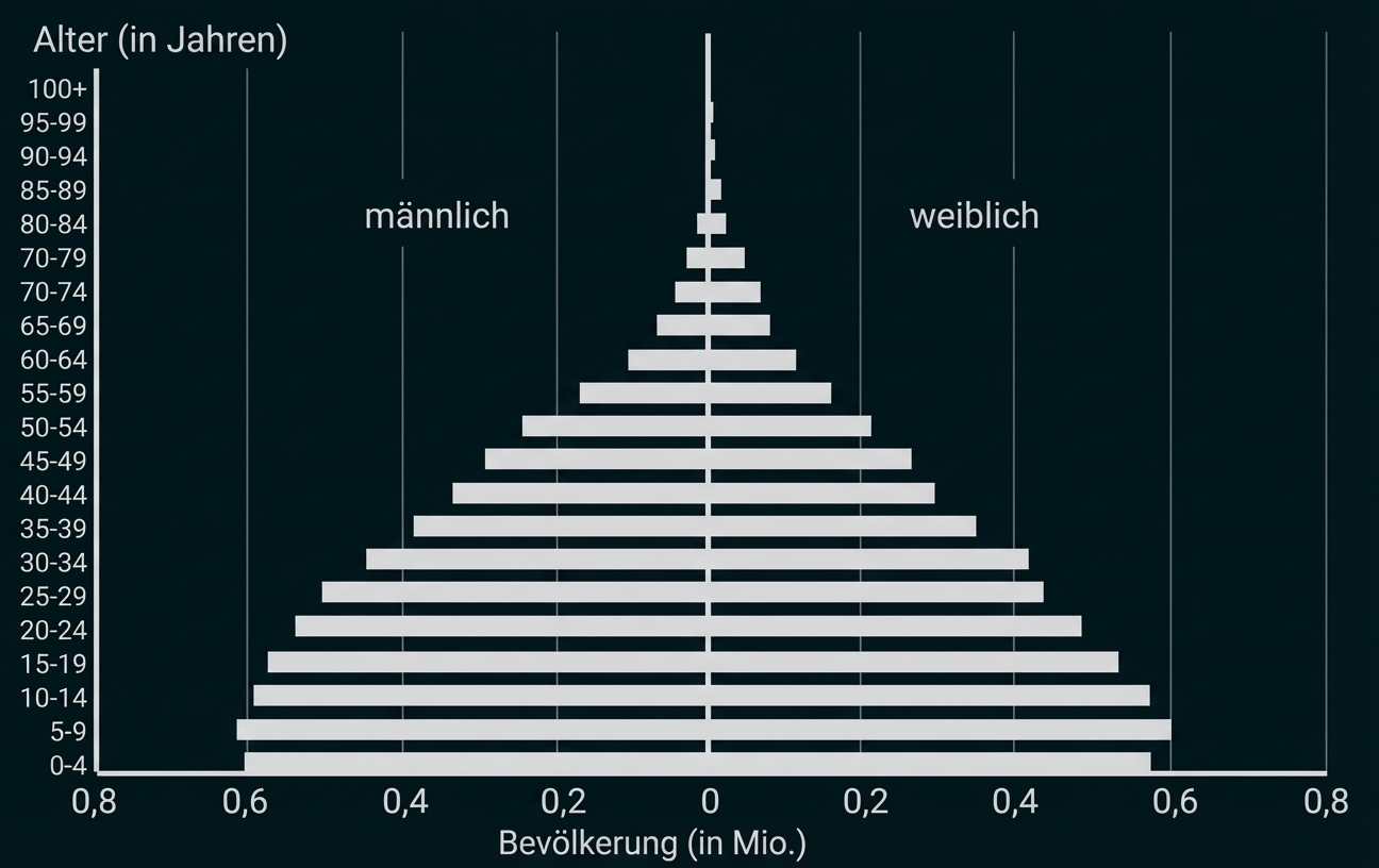 Bevölkerungspyramide: horizontale Balken nach Altersgruppen, links männlich, rechts weiblich, Bevölkerung in Millionen.